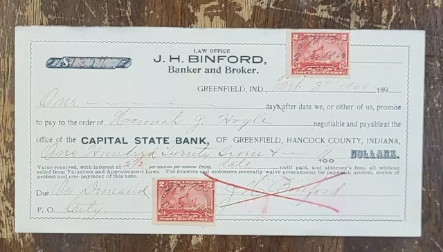 1900 Bank Check Receipt Greenfield Indiana JH Binford Banker Broker Revenue