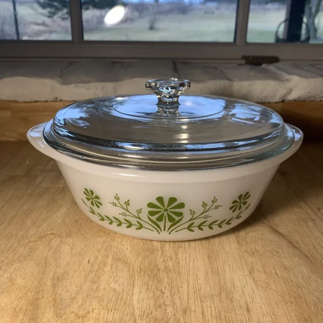 Glasbake Green Daisy 2 Quart Casserole Dish with Lid, 10" Vintage Kitchen Decor