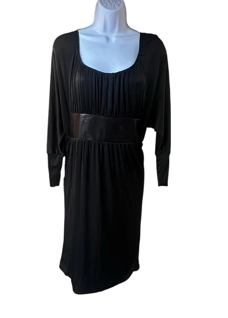 Cache Black Stretch Knit Blouson Dress Dolman Sleeve Faux Leather Waist Sz L Cache Black Stretch Knit Blouson Dress Dolman Sleeve Faux Leather Waist Sz L