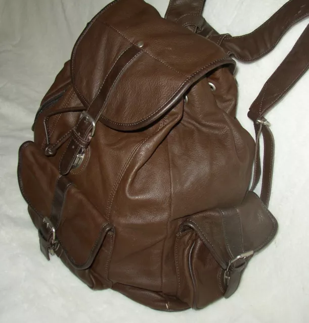 BROWN LEATHER BUCKET Backpack Bag Cinch Top Front Zipper Access Men ...