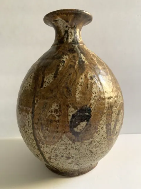 Vintage Mid Century Stoneware Pottery Weed Pot Vase Speckled Glaze Signed 10"