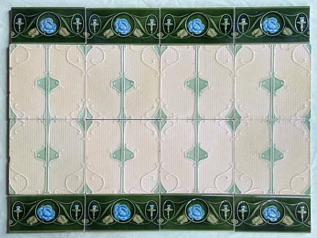 ENGLAND ANTIQUE ART NOUVEAU MAJOLICA 16-SET TILE c1900