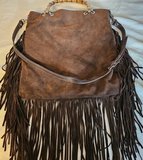 Brown Suede Genuine Leather Fringed Hobo Bamboo Handle Shoulder Bag DSquared2 D2