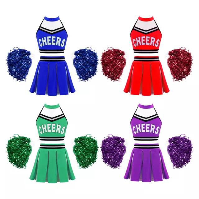 TiaoBug Mädchen Cheerleader Kostüm Kinder Cheerleading Uniform Set mit Pom-Pom