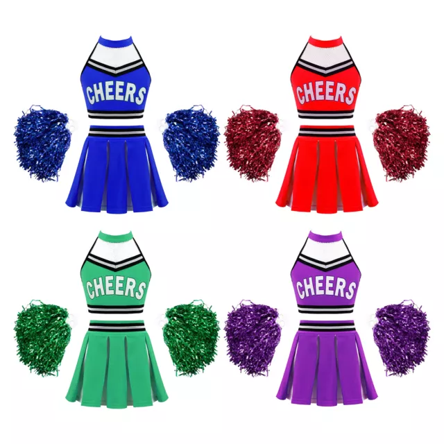 UK Kids Girls Cheerleading Uniform Performance Dance Costume Top Skirts Outfits