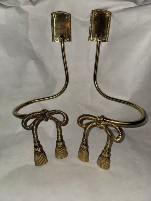 Pair Vintage Hollywood Regency Brass Bow W/Tassels Curtain Drapery Tiebacks MCM