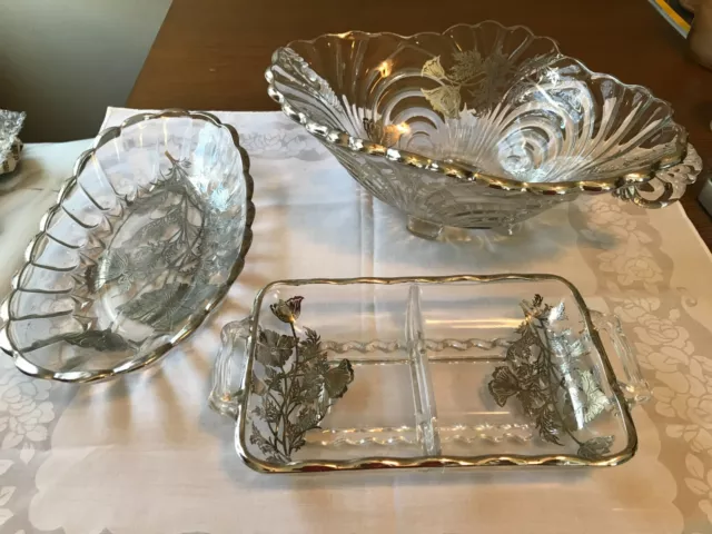 Vintage Silver City Glass Flanders Poppy Dish Set Of 3 ~ Sterling Silver Overlay