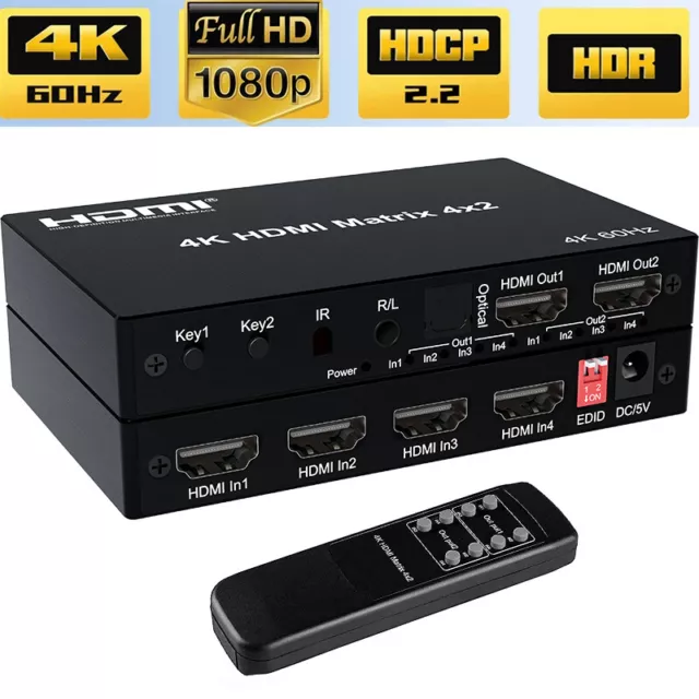 4K 60Hz HDMI 2.0 Matrix 4X2 Switcher Splitter 4 in 2 out Optical Audio Extractor