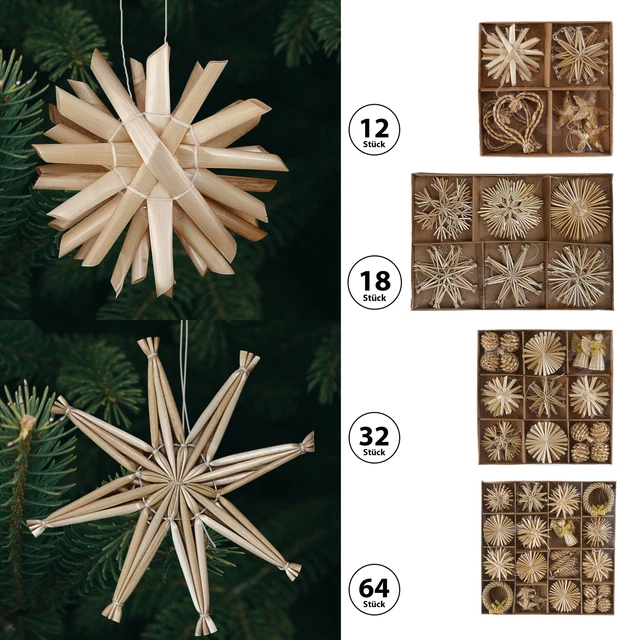 12/18/32/74 Strohsterne Set Ø:6/10 Christbaumschmuck Weihnachten Stern Herz