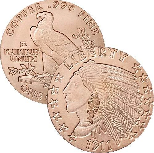 1 oz .999 Pure Copper Round/Challenge Coin (1911 Incuse Indian)