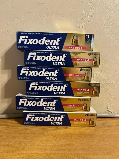 BRAND NEW (6) SIX FIXODENT ULTRA MAX HOLD 2.2oz each DENTURE ADHESIVE CREAM