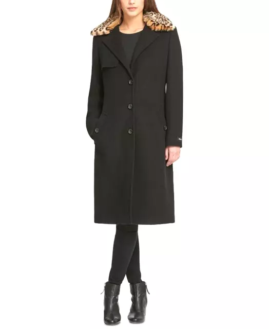 DKNY Womens Black Wool Blend Coat Leopard Print Faux Fur Collar Sz XL Winter