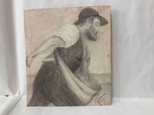 Disegno A Carboncino-Matita-Contadino-Semina Firmato  Primi 900.
