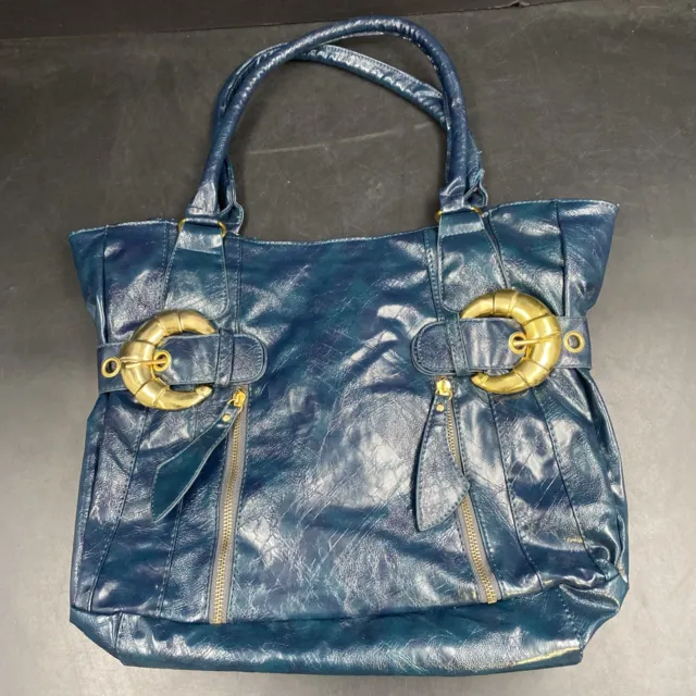 Vintage Retro Blue Faux Vegan Leather  Goldtone Shoulder Handbag Purse Bag