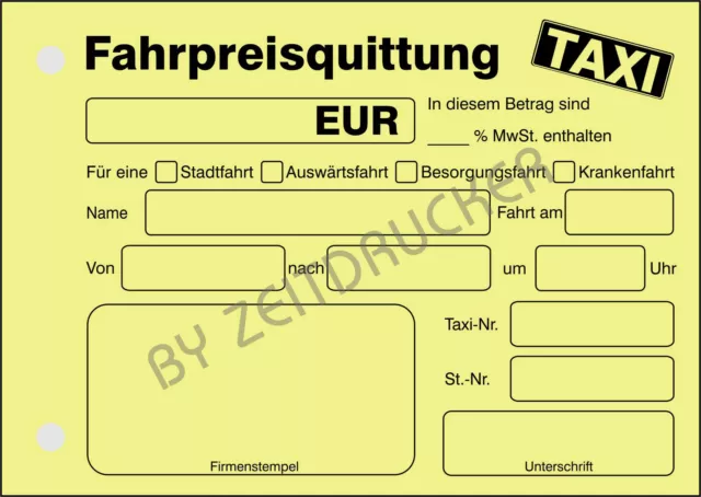 TAXI-Quittung, Taxi-Fahrpreis-Quittung  á 50 Blatt DIN A6 Block GELB