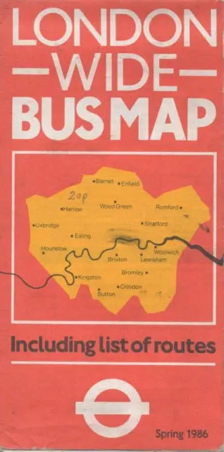 London Transport - London Wide Bus Map - Including List Of Routes - Spring 1986