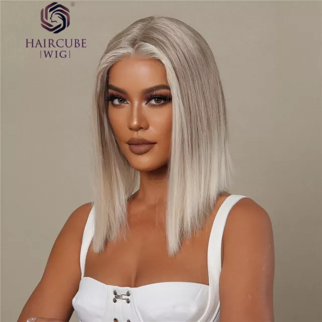 Light Blonde Platinum Lace Front Synthetic Wigs Short Straight Bobo Wigs 3