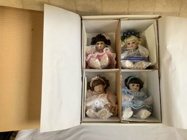 NRFB Marie Osmond Porcelain Tiny Tots Set of 4 Dolls w/CoA & Accessories