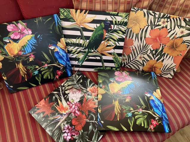 Bilder Set, auf Keilrahmen/Holzrahmen,Bunt, Vogel, Blumen /neu/ 5 Stück - 38x38