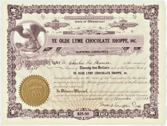 1923 YE OLD LYME CHOCOLATE SHOPPE INC Stock Certificate ~ low #  ~ Connecticut