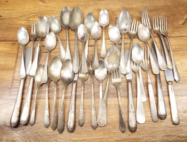 36 Piece Mixed Lot Of Old Estate Silverplate Flatware, Crafts/Repurpose/Resale