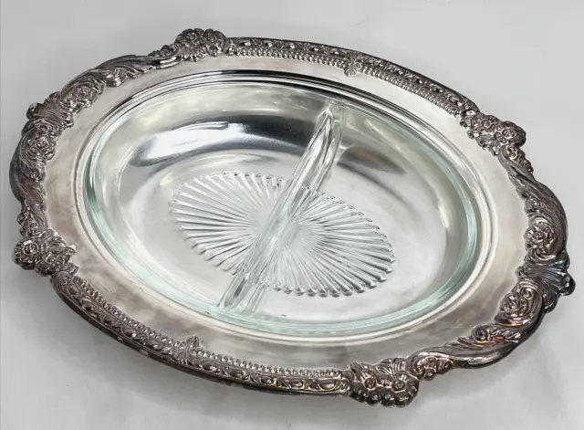 VTG Sheridan Silver Plate Ornate Oval Serving Tray With Divided Glass Insert 13"