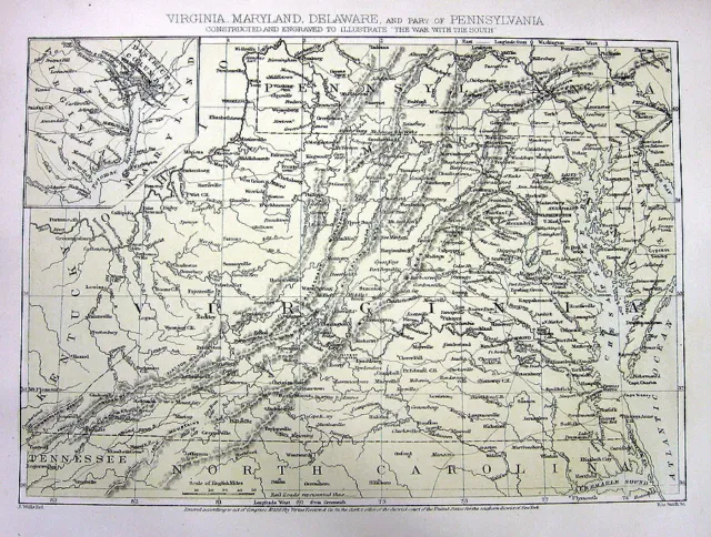 VIRGINIA MARYLAND DELAWARE ~ 1863 Engraving Print Topographical Civil War MAP