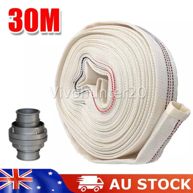 30m 2" Fire Hose Reel Canvas Fire Hose Garden Watering Double Fitting New