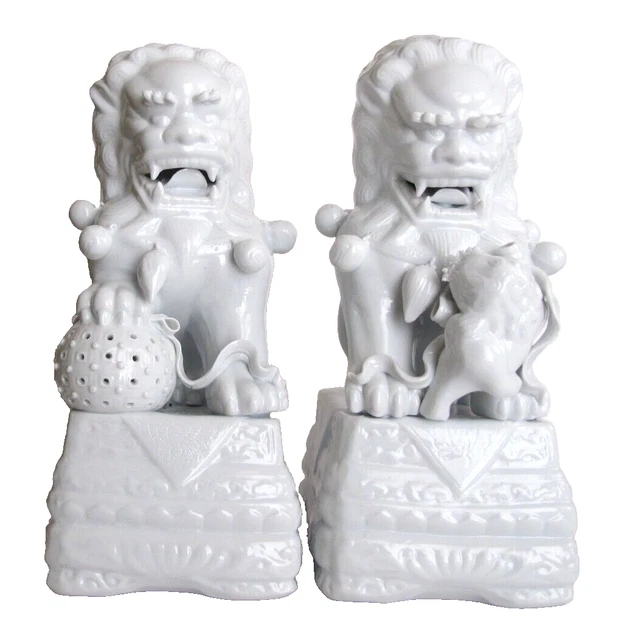 Pair Vintage Chinese Blanc de Chine Porcelain Foo Dogs Temple Guadians 11" tall