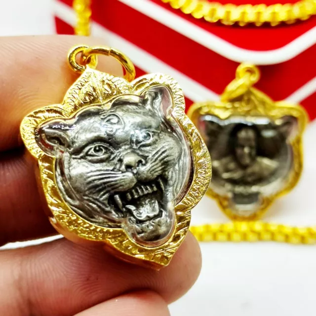 TigerAmulet LP Pern Wat Bangphra Sacred Thai Pendant Gold Micron Case