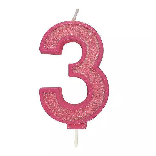 Birthday Cake Candle Pink Sparkle Number Numeral 3 70mm Party Celebration Topper