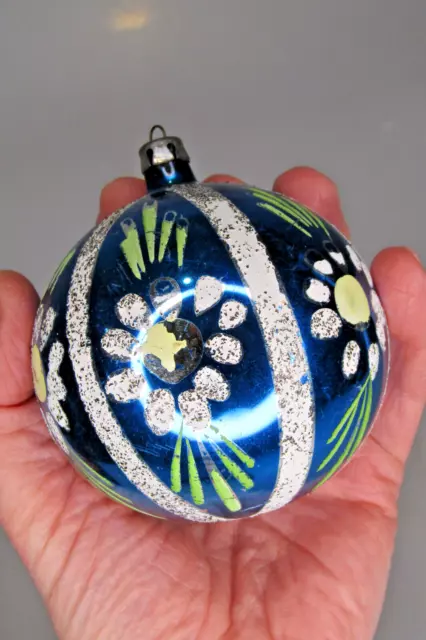 VINTAGE BLOWN GLASS MICA FLOWERS Pictured Jumbo BALL Christmas Ornament ...