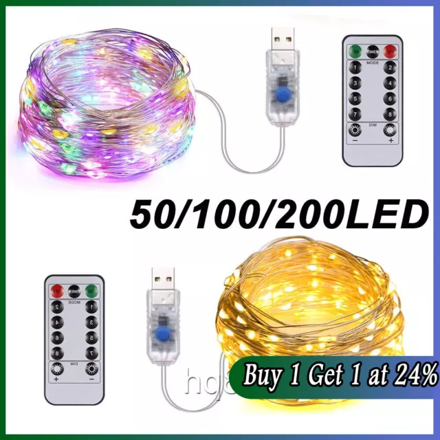 USB Plug In 50/100/200 LED Fairy String Lights Micro Copper Wire Xmas Party Home