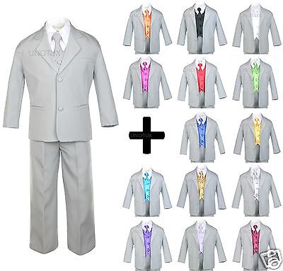 7 PC Vest Tie + Baby Toddler Teen Formal Wedding Party Tuxedo Gray Boy Suit S-20
