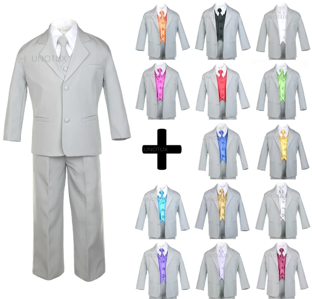 7 PC Vest Tie + Baby Toddler Teen Formal Wedding Party Tuxedo Gray Boy Suit S-20