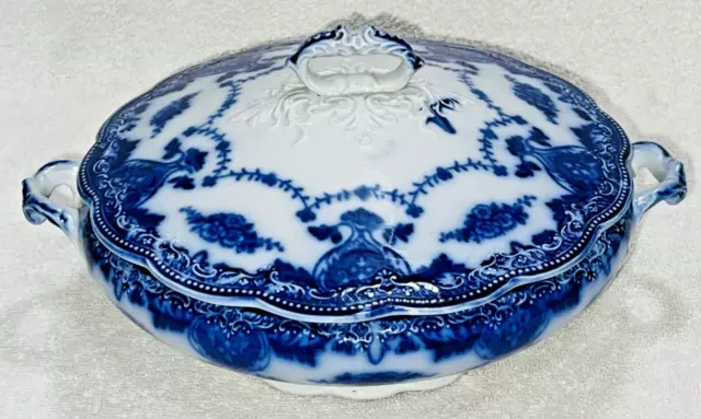 Antique W.H. Grindley Waverley Flow Blue Covered Vegetable Dish Glazed England