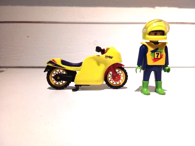 PLAYMOBIL VINTAGE CITY moto course jaune et pilote casque du set 3779