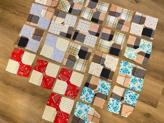 Vintage Quilt Blocks BOW TIE 7 1/2" Squares Hand Made Piecework Lot of 22