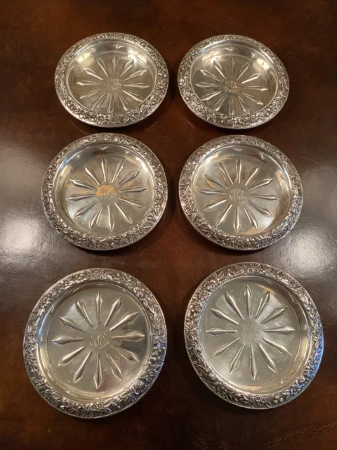 Six (6) Kirk Sterling Silver, Repousse Coasters w/Monogram