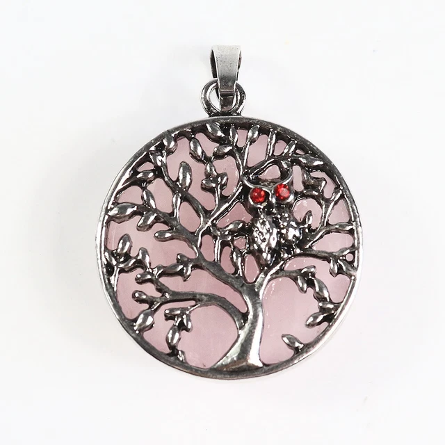 Natural Gemstones Amethyst Round Silver Owl Tree of Life Reiki Chakra Pendant