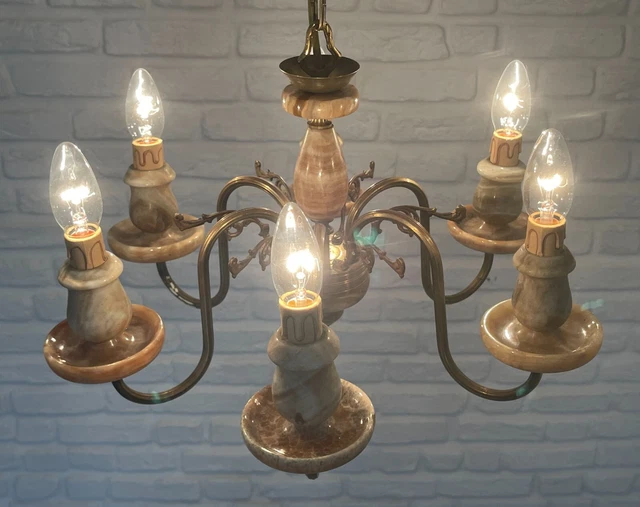 Antik Vintage 6 Arme Messing & Marmor & Kristalle Kronleuchter Deckenlampe
