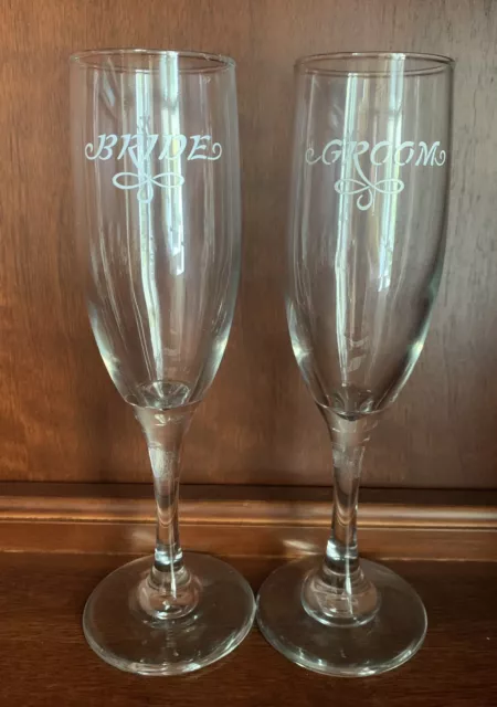 BRIDE & GROOM ETCHED CHAMPAGNE GLASSES TOASTING FLUTES SET OF 2 VICTORIA  LYNN