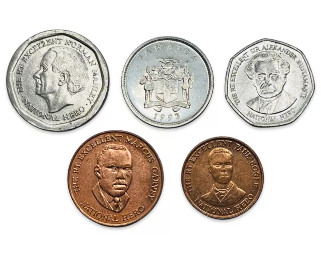 Lot of 5 Jamaica 1 & 5 Dollars, 5, 10 & 25 Cents - 1990s & (1) 2003 #ISL82612