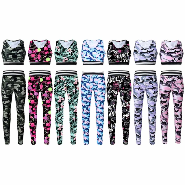 UK Kids Girls Tracksuit Outfit Tanks Crop Top Leggings Set Gym Workout Costumes