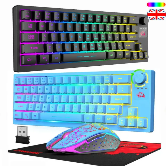 Kabelloses Gaming Tastatur und Maus Set,RGB LED Kompakte 64 Tasten Mute Mäuse DE