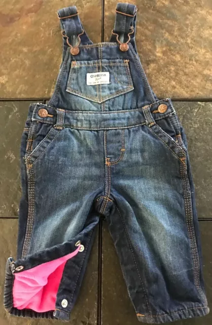 Oshkosh Lined Bib Overalls 6 Months Denim Jean Blue Pink Fleece Snap Legs