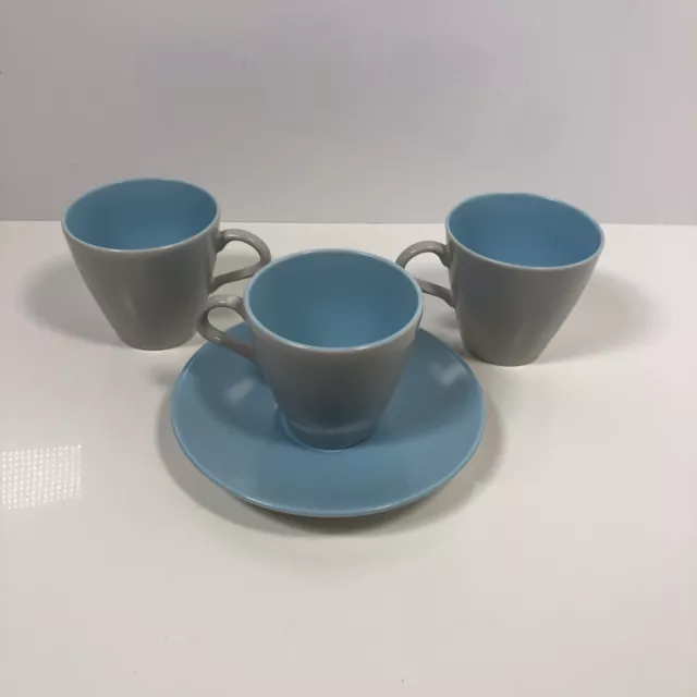 Poole Pottery Twintone Sky Blue & Dove Grey 1950s x3 Cups x1 Saucer￼