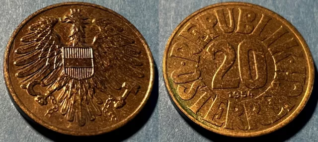 Austria 1954 20 Groschen KM-2877 Aluminum-bronze XF+ #7 - US Seller