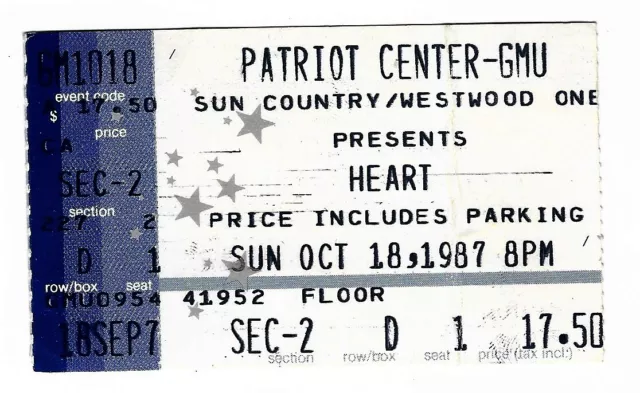 Heart & Bourgeois Tagg 10/18/87 Fairfax VA Patriot Center GMU Rare Ticket Stub