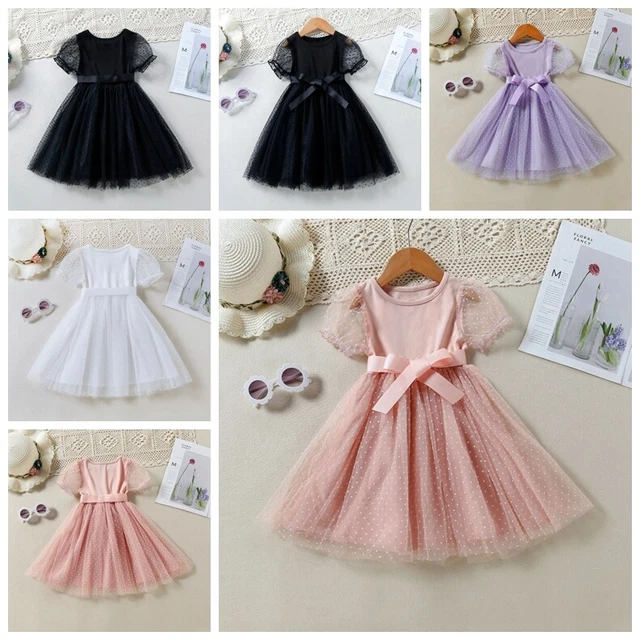Girls Short Sleeve Polka Dot Mesh Tie Waist Tulle Dress Princess Party Dresses